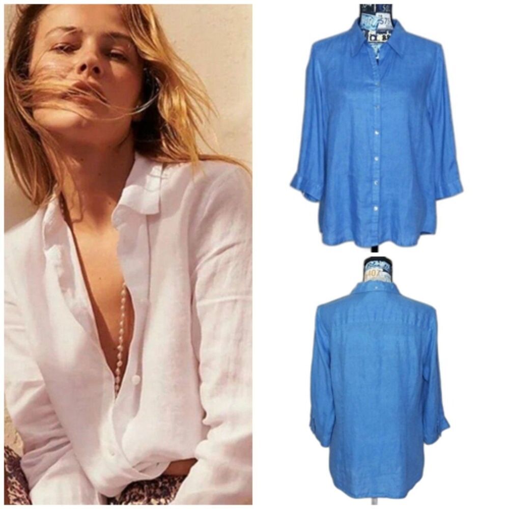 EDWARD 100% Irish Linen Button Down Shirt 3/4 Sleeves Collared Lagenlook Blue L